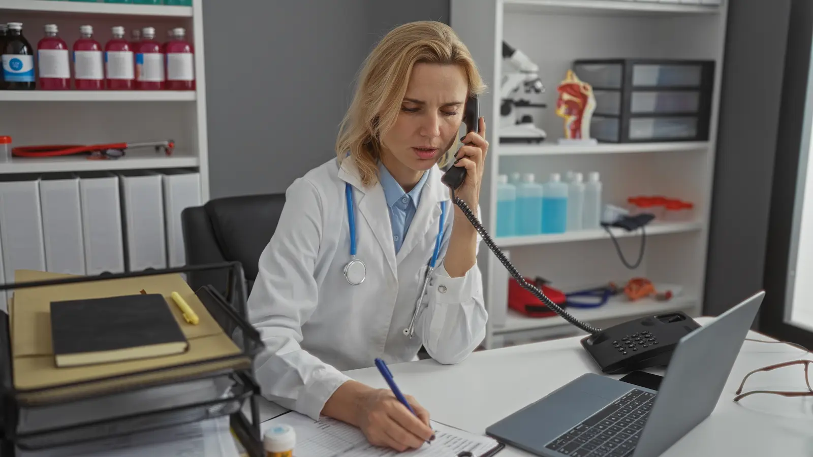 GP at her desk checking paperwork